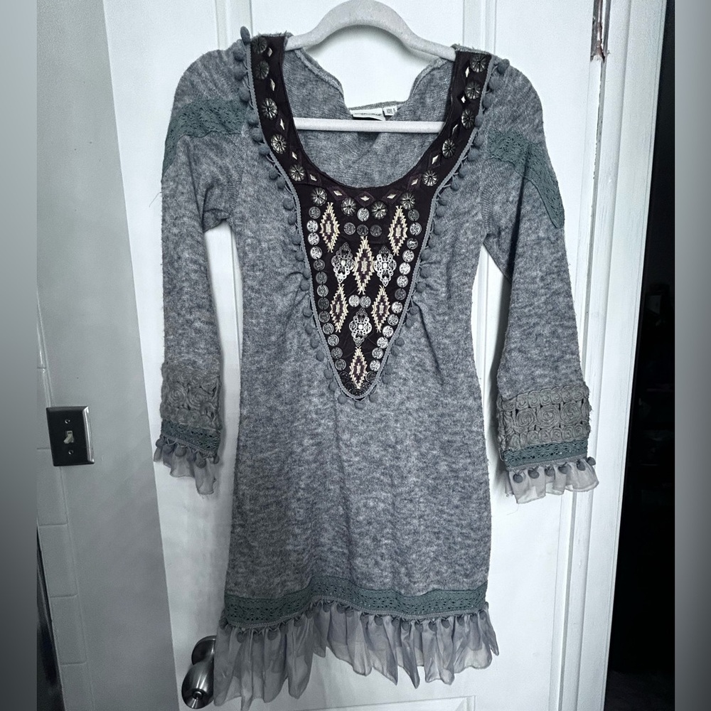 $19 sale Young Threads grey winter dress with Embroidered  ruffles boho S 55